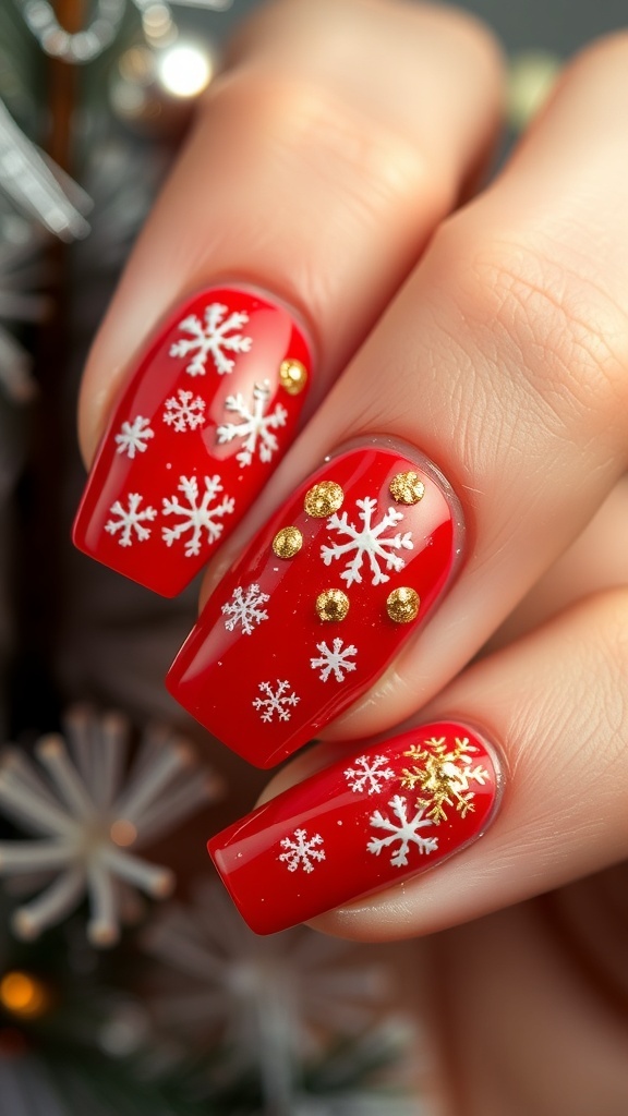 Close-up of red Christmas nails with snowflake designs and glitter accents.